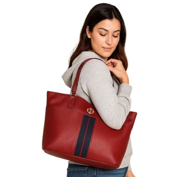 Tommy Hilfiger Leather Bag Tote Shoulder Satchel Handbag Red WOMEN'S WOMAN'S - Picture 1 of 16